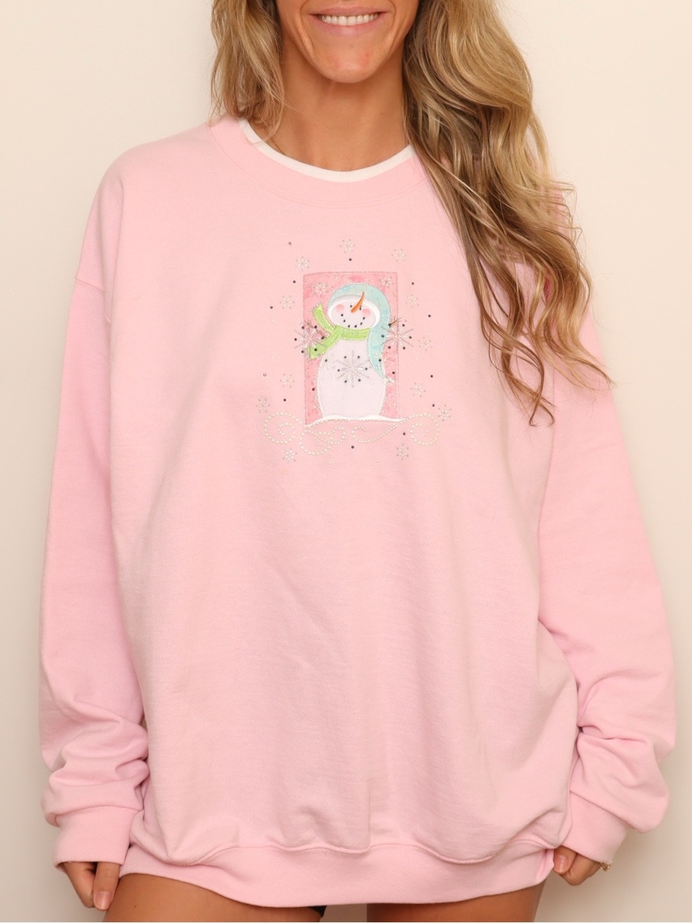 ❄️ Cozy Top Stitch Pink Snowman Rhinestone Christmas Pullover Sweatshirt 3X